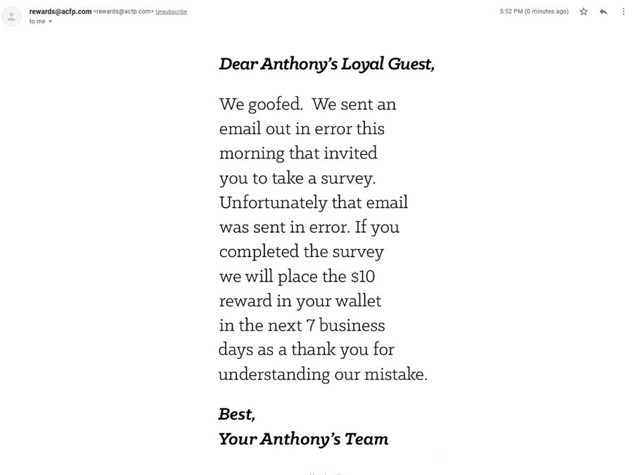 Anthony’s Coal-Fired Pizza Error Fest | Brand Experience Project